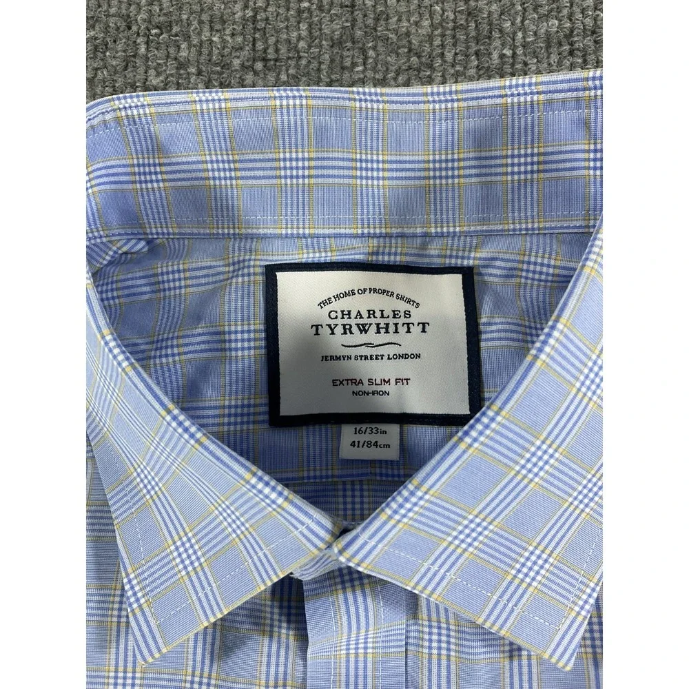 Charles Tyrwhitt Extra Slim Fit Dress Shirt 16/33 Blue Plaid Check Button Front